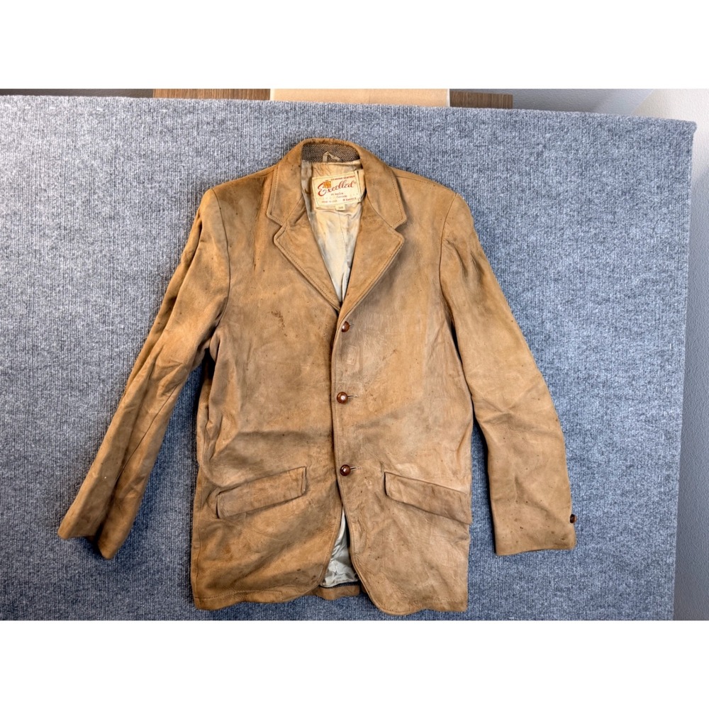 Vintage Excelled Suede Leather Jacket 38 Mens Tan Workwear Blazer USA Stains